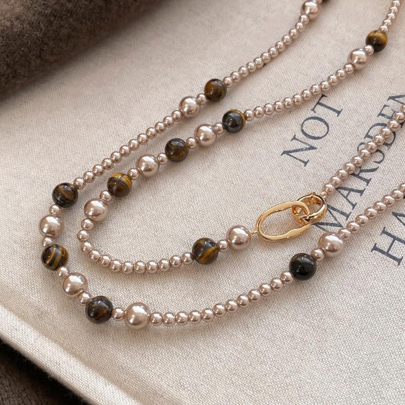 Handmade Layered Tigers Eye Brown Pearl Necklace 118cm Long Chain Minimalist Chic Statement Jewelry Women Daily Wear