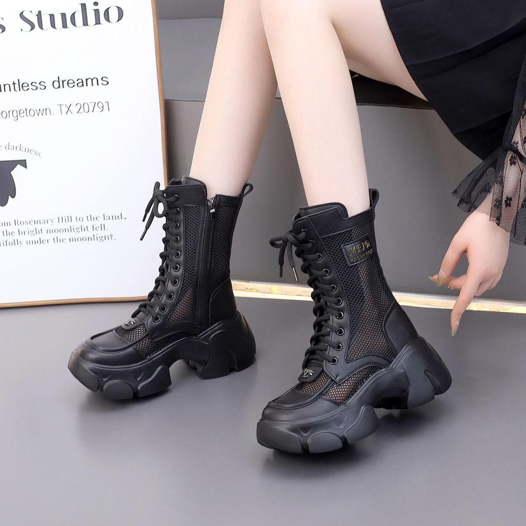 2025 Genuine Leather Women's Mesh Martin Boots, Thick Sole, 7cm Height Boost, Spring/Summer Style, Lightweight and Breathable Design.
