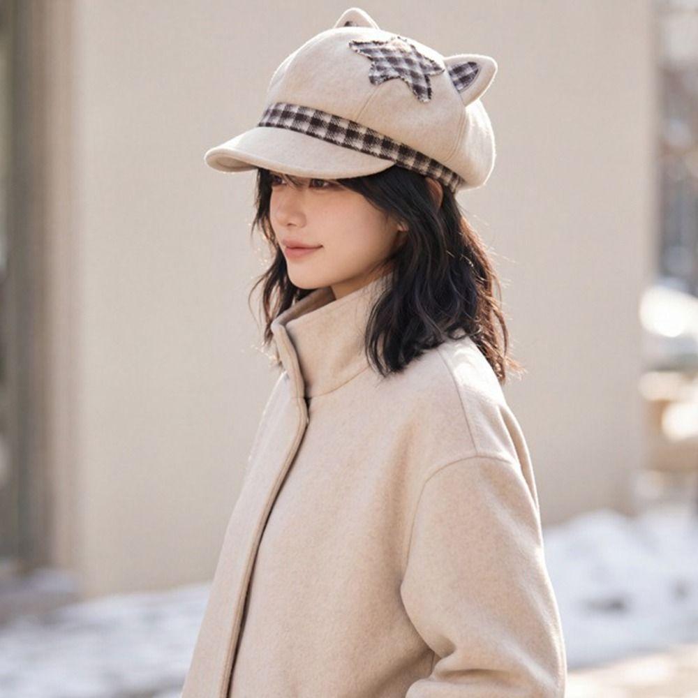 Japanese Style Cat Ears Beret Cap Autumn and Winter Newsboy Hat Women Octagonal Hat Emo Grunge