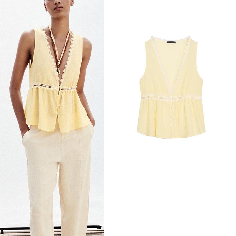 Summer Women's Single-Breasted Sleeveless V Neck Color Contrast Patchwork Lace Lace Trim Vest Tops 3666151