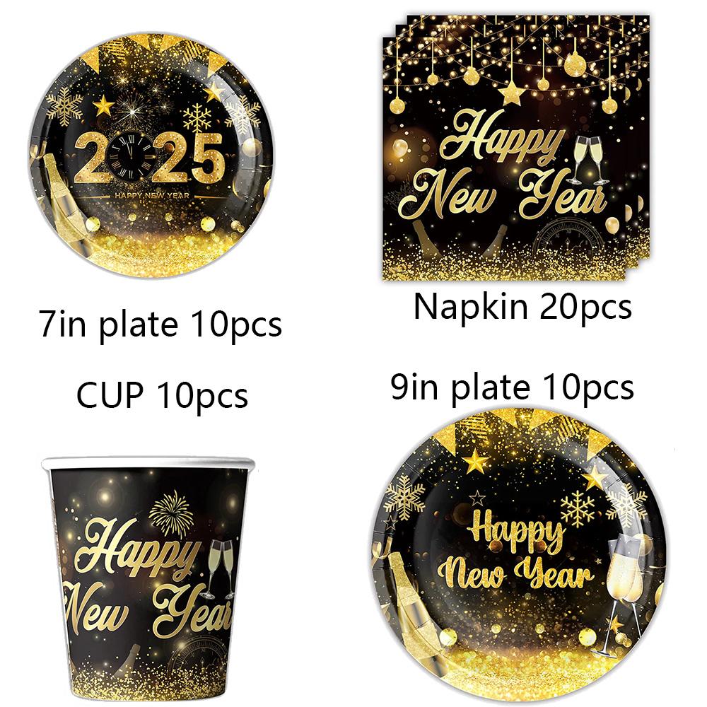 New Years Eve Tableware 2025 Black Gold Theme Balloon Package Cup Napkin Tablecloth Banner Balloon Happy New Year Party Supplies