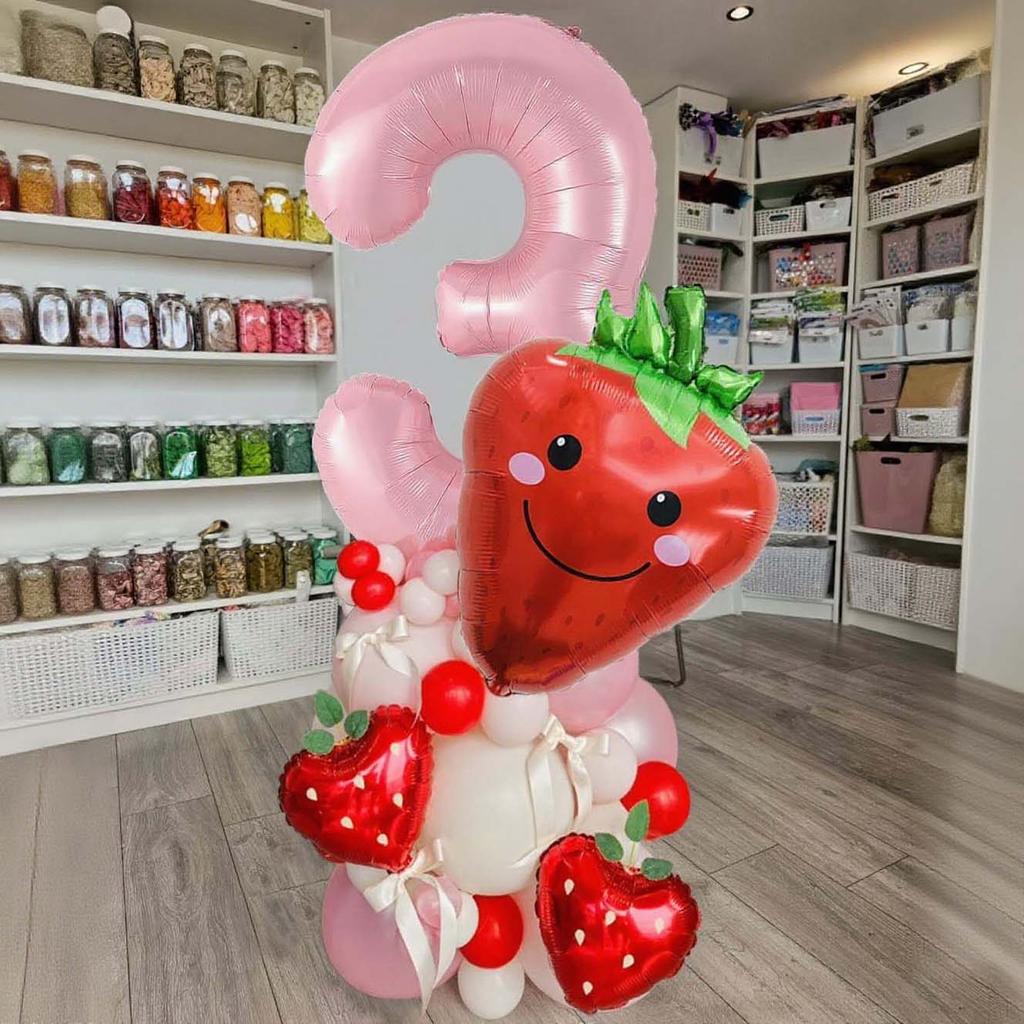 Strawberry Digital Balloon Numbers 0-9 Strawberry Love Aluminum Film Pink White Red Balloon for Anniversary Birthday