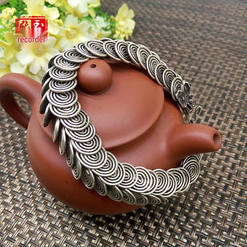Unisex Ethnic Tibetan Silver Dragon Head Bracelet, Handmade Gift