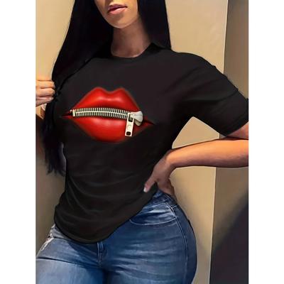 T-Shirt aus Baumwolle mit Reißverschluss und Lippen-Print, Kurzarm-T-Shirt mit Rundhalsausschnitt, lässige Oberteile für jeden Tag, Damenbekleidung