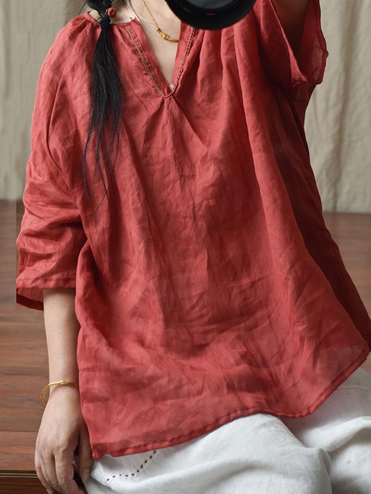 

Johnature Жінки Ramie Вінтажні сорочки Літній напіврукав Вільні топи Одяг Жіночий однотонний колір Вільні сорочки One Size червоний