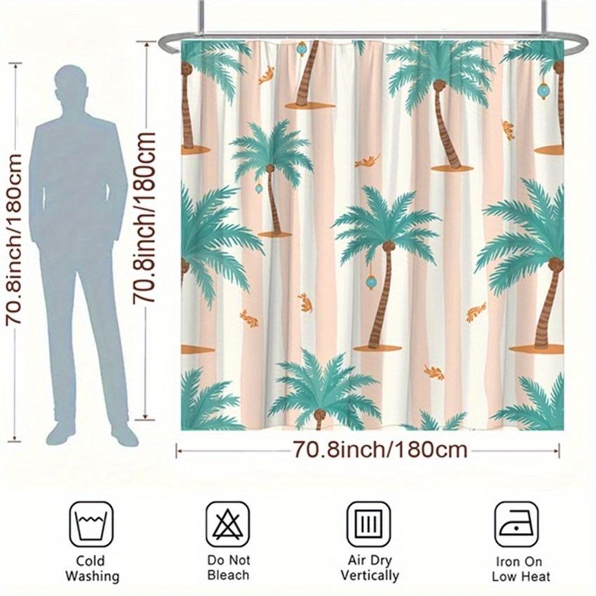 1pc Tropical Watercolor Style Palm Tree Shower Curtain White Peach Stripes Polyester Fabric 12 hooks 70.8x70.8 inches