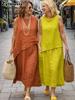 Women's Casual Cotton Linen Irregular Vest and Half Skirt Set Long Maxi Dress Outfit