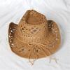 Cappello di Paglia Ventilato Vuoto Rotondo Pieghevole Cappello da Cowboy Occidentale da Spiaggia Oggetti di Scena per Foto