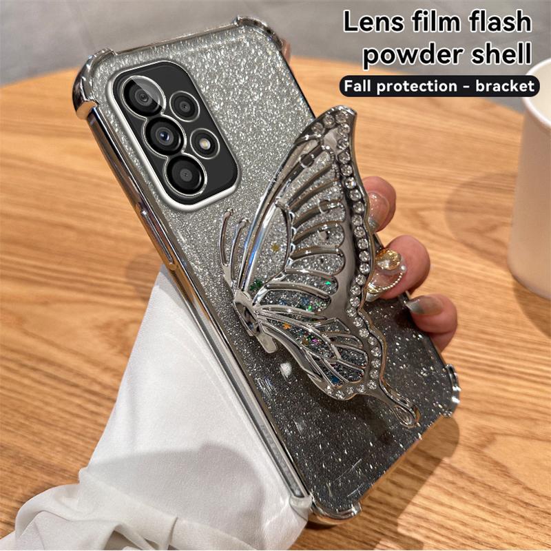 

Glitter Plating Quicksand Butterfly Phone Holder Case for Samsung Galaxy A13 A23 A33 A53 A73 A12 A22 A32 A52 A52S 4G 5G Cover A52S 5G серебряный