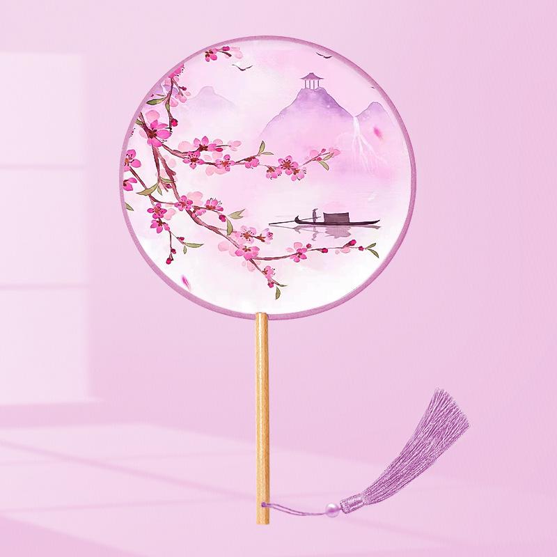 Girls' Summer Hanfu Dance Fan: Long Handle, Double-Sided Embroidered Round Fan for Traditional Costume
