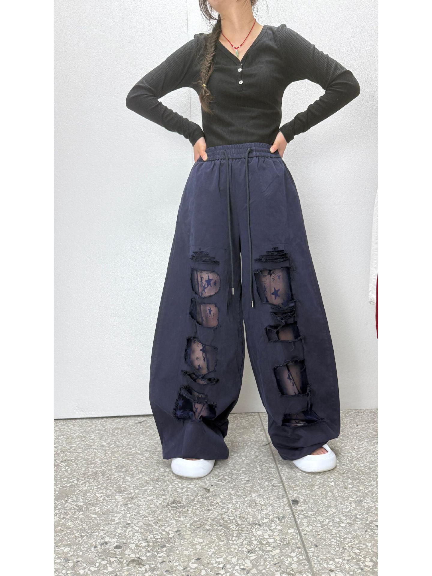 

2026 Summer Women s Street Style Ripped Dance Sports Pants with Drawstring Design - Wide Leg Casual Fit Medium