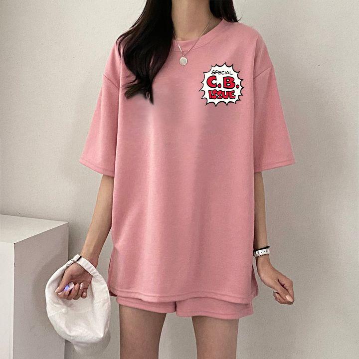 Women summer Casual Sports Loose Short Sleeve Top & Shorts Letter Printed Cotton Outfit  Two Piece Clothes Set
