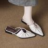 Women's Fashion Slippers 42 Pointed Toe Square Heel Thin Strap Bow Fashion Sandals Soft Leather Comfortable with Skirt Shoes