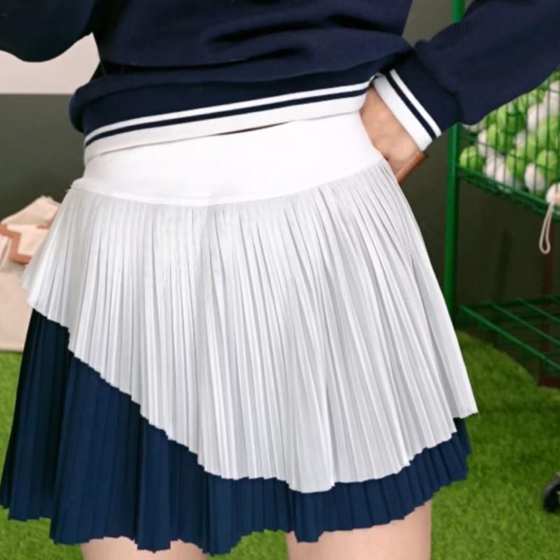 Womens Color-Block Tennis Top With Turn-Down Collar High-Waisted A-Line Pleated Skirt Set Winter Outdoor Casual Sport