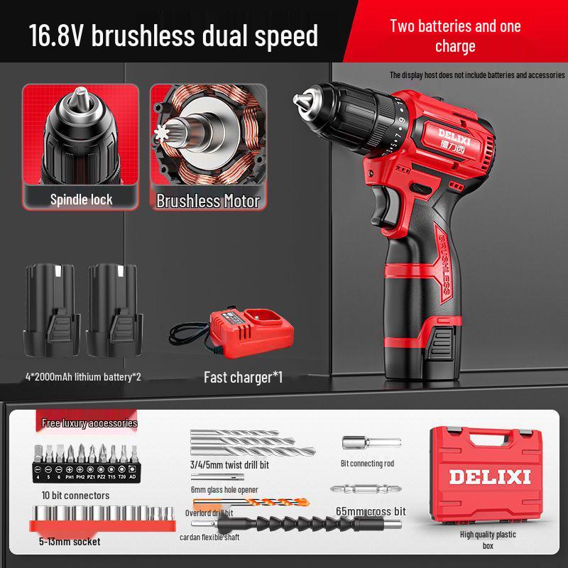 Delixi Cordless Brushless Handheld Drill, Rechargeable Multi-function Hammer Drill with Lithium Battery & Electric Screwdriver
