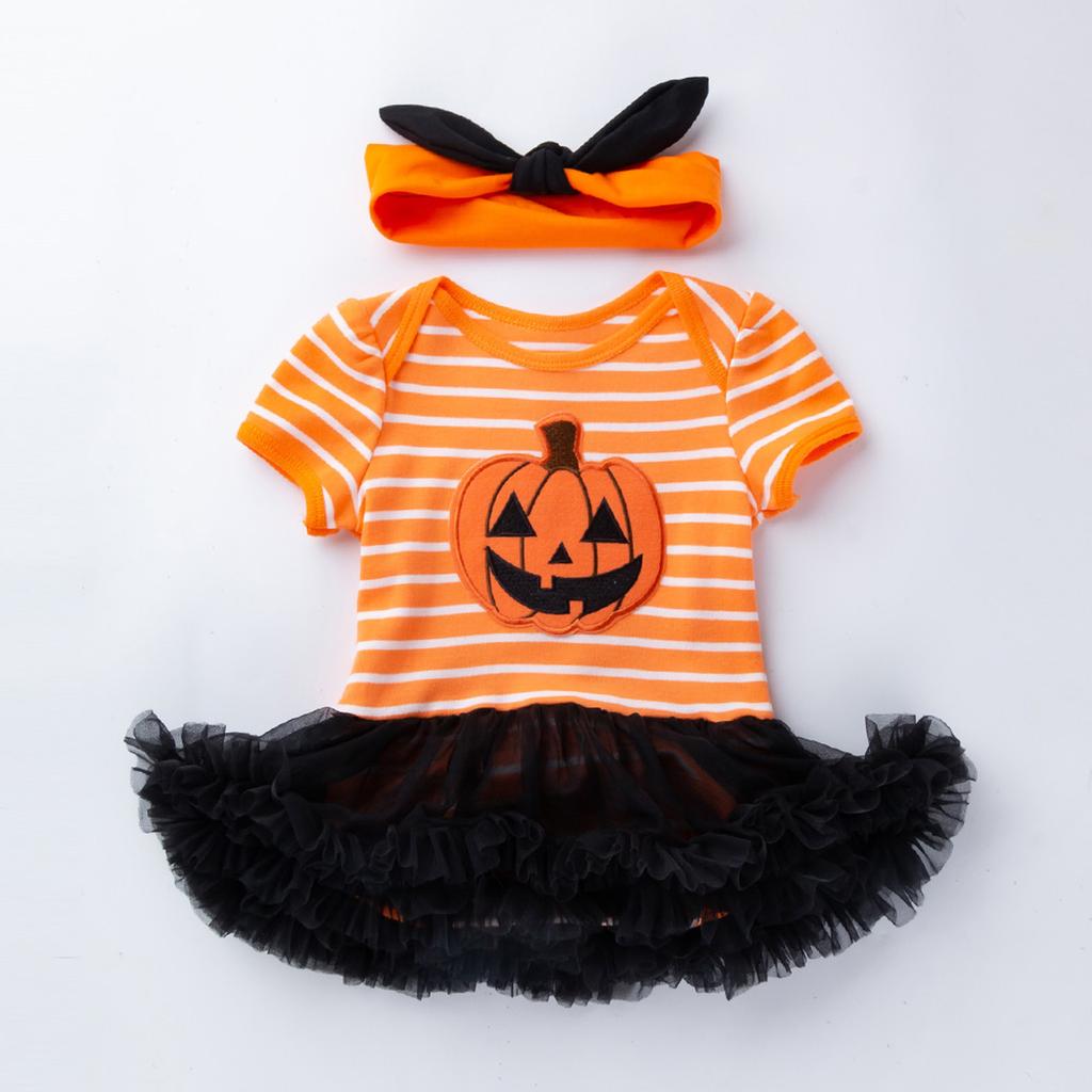 Dziewczęcy Zestaw Ubraniowy 2PC Sukienka z Krótkim Rękawem i Nadrukiem Dyni oraz Spódniczka Tiulowa z Opaską na Głowę Strój na Halloween