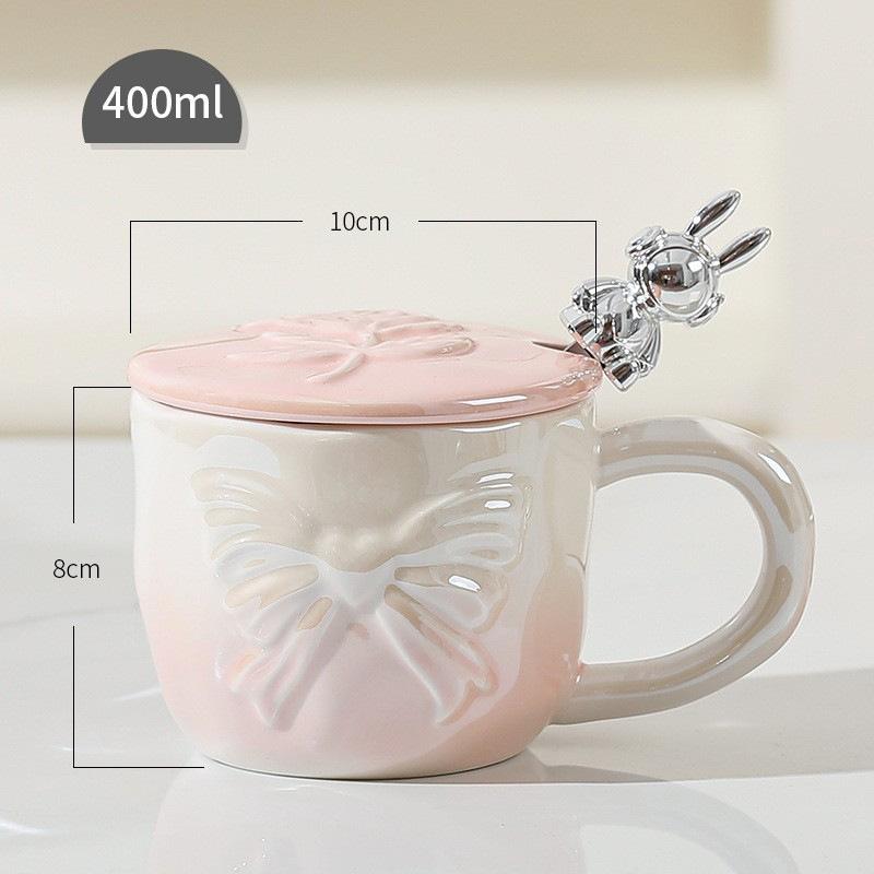 

Relief Pearly Bow Ceramic Cup with Lid with Spoon Gradient Color Girl Student Couple Office Drinking Mug 400m l