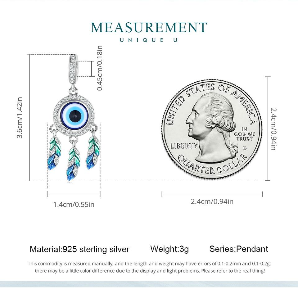 Bamoer 925 Sterling Silver Blue Devil's Eye Hanging Beads Dreamcatcher Pendant Charms for Women Bracelet DIY Fine Jewelry