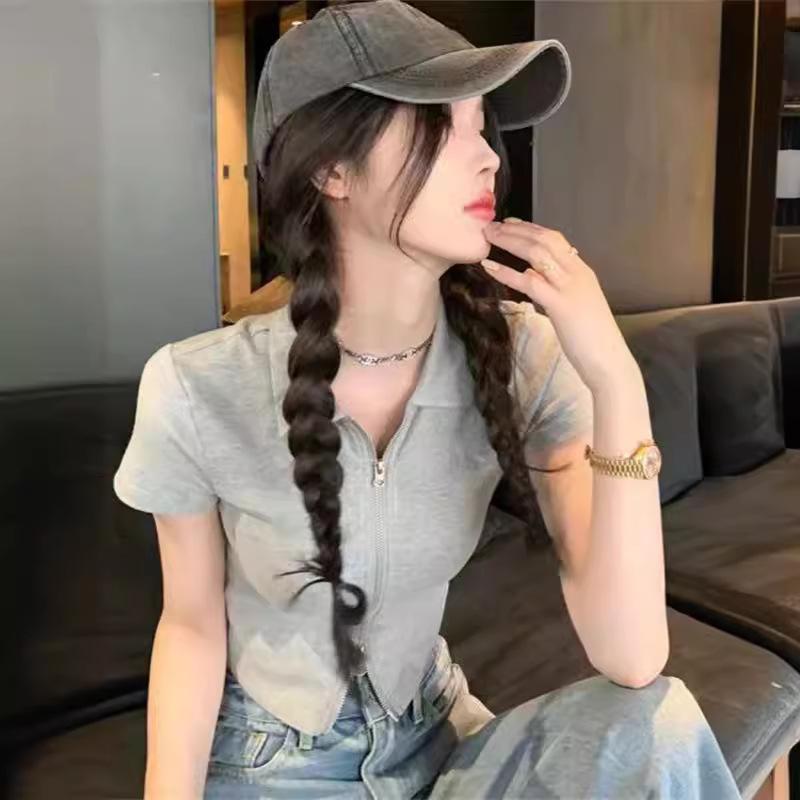 Women Zip Up Polo Cropped T-Shirt Short Sleeve Slim Y2K Crop Top Casual Streetwear Tee S-M-L-XL