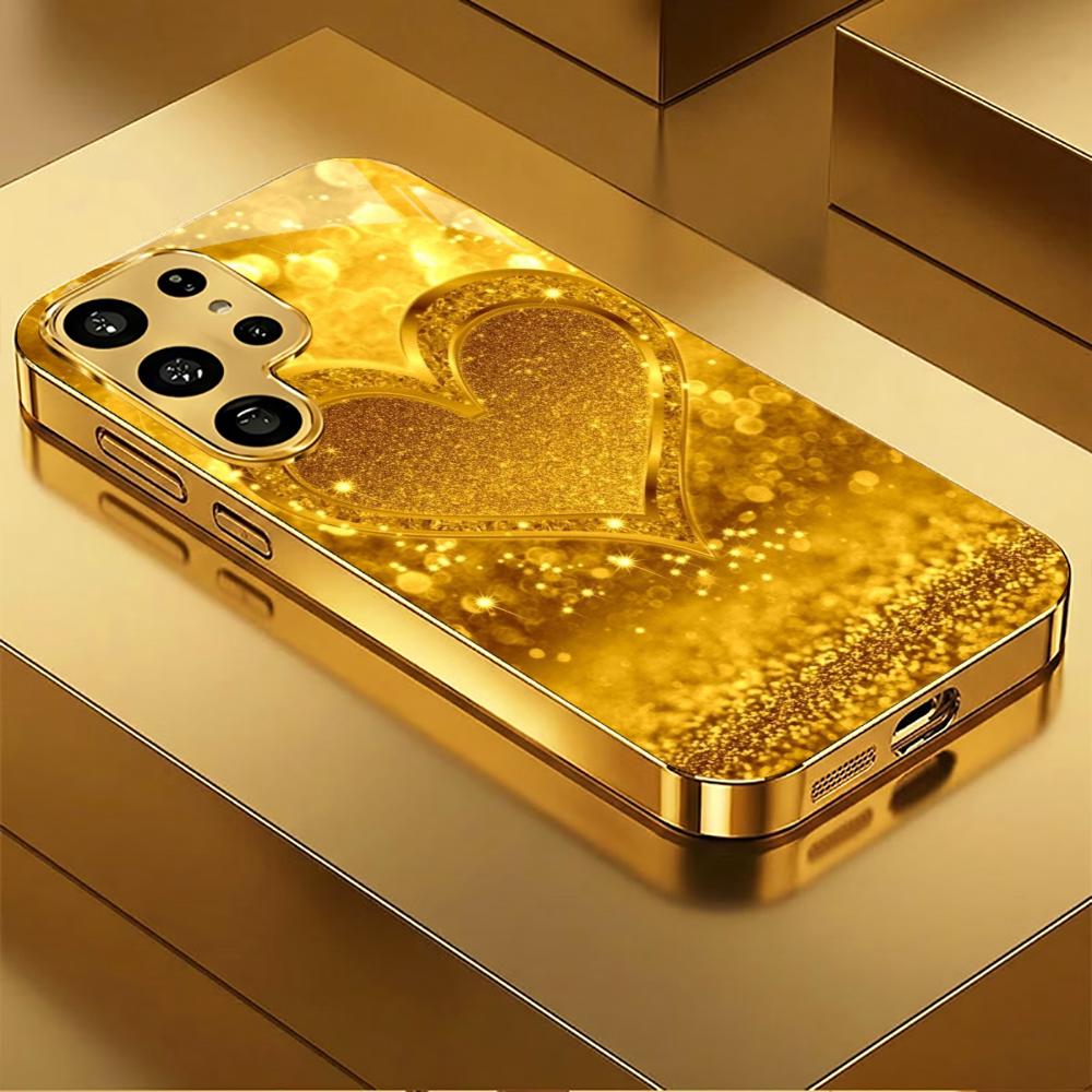 Extra-large golden heart Glass PhoneCase for Samsung Galaxy S26 S25 S24 S23 S22 FE Ultra Plus Built-in glass Gold Exquisite