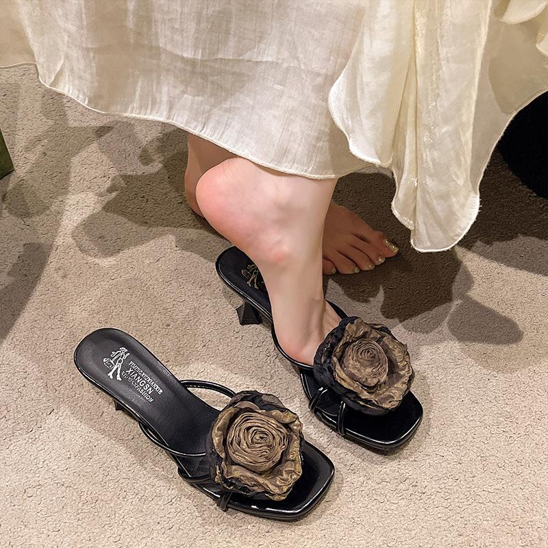 Women's shoes new Chinese cheongsam high heels retro temperament beige rose slippers women's summer new