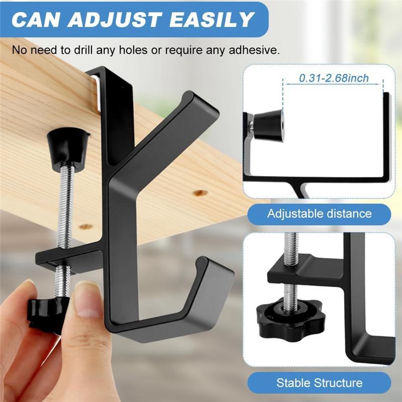 Adjustable Desk Hook Set-Black Anti-Slip Design, 3 Pieces For Bags, Headphones Storage Clamp