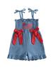 Toddler Girl Red White Blue Stars and Stripes Sleeveless Romper with Bow Tie Shoulder and Ruffled Shorts Patriotic Jumpsuit for