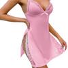 Women Summer Nightdress Spaghetti Strap Backless Deep V Neck Sleeveless Sleepwear Lace Trim Split Hem Nightie Bedroom Honeymoon Wedding