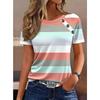 Womens Blue White Stripe Print Round Neck Short Sleeve Slim Fit Casual T Shirt