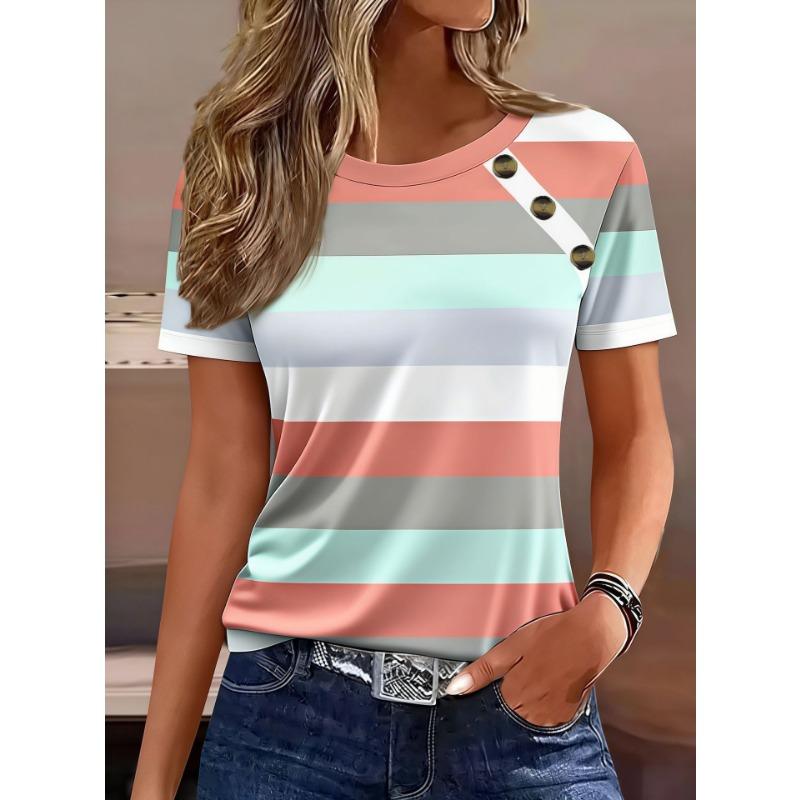 Womens Blue White Stripe Print Round Neck Short Sleeve Slim Fit Casual T Shirt