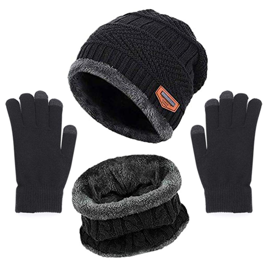 Winter Set Hat Scarves Touch Screen Gloves 3pcs Warm Men Women Fashion Thickening Plus Wool Neck Protect Cap Outdoor Riding