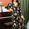 Women's Floral Ice Silk Pajamas Set - Long Sleeve, Plus Size, Light Luxury Jacquard Design