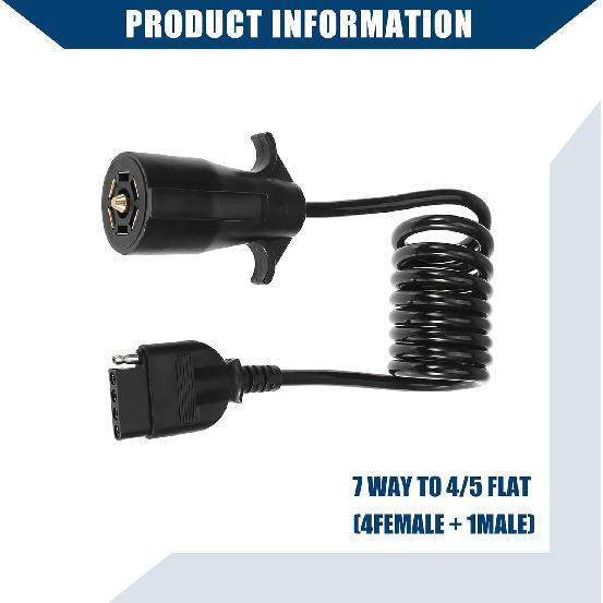 5ft 7 Way Round to 5 Way Pin Flat Trailer Wire Coiled Wiring Connector Adapter Plug/Rear for Truck RV Trailer Full Length 5 Foot (60 Inches) /
