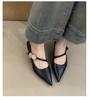 2025 new pointed temperament metal buckle one-word strap high heels light mouth low heel French commuter black single shoes women