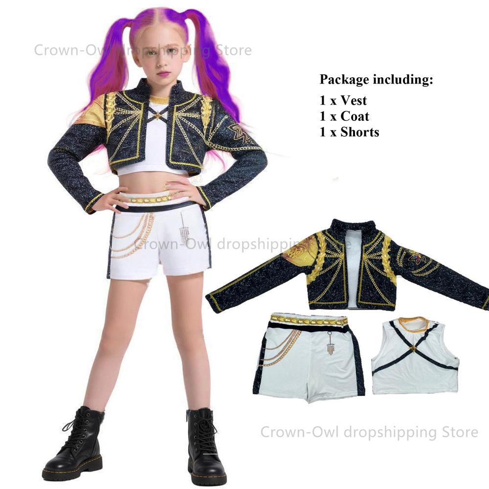 Kids Girls K-Pop Demon Hunters Zoey Rumi Mira 3D Print Black Golden Cosplay Suit Costume Set Huntrix Halloween Carniva Suit