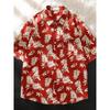 Herren Sommer Casual Kurzarmhemden Roter Blattdruck Revers Knopfleiste Lockerer Schnitt Atmungsaktiv Hawaiianische Strand Streetwear Tops