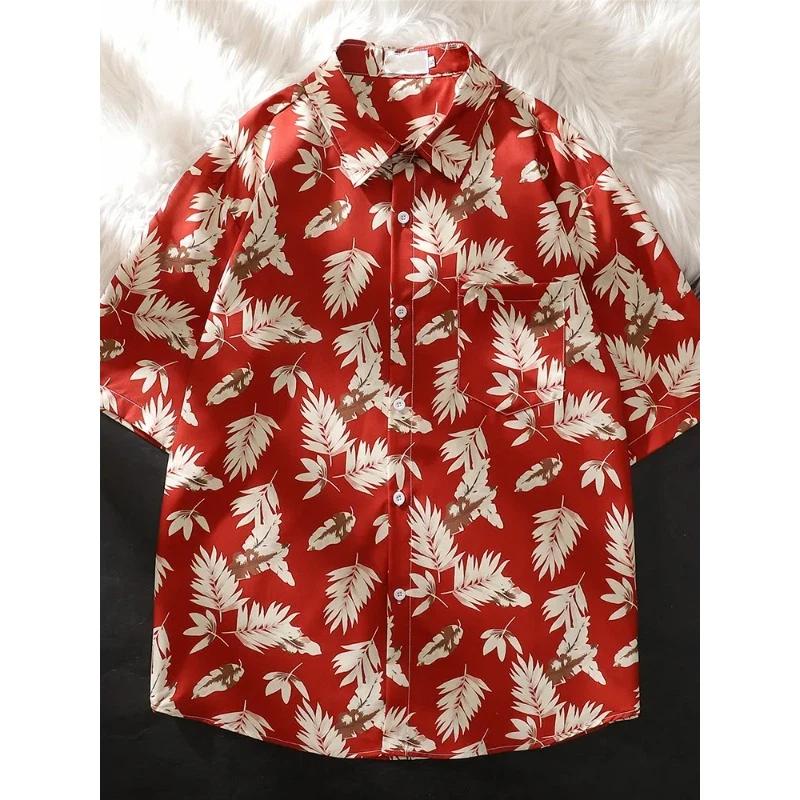 

Men s Summer Casual Short Sleeve Shirts Red Leaf Print Lapel Button Down Loose Fit Breathable Hawaiian Beach Streetwear Tops L червоний