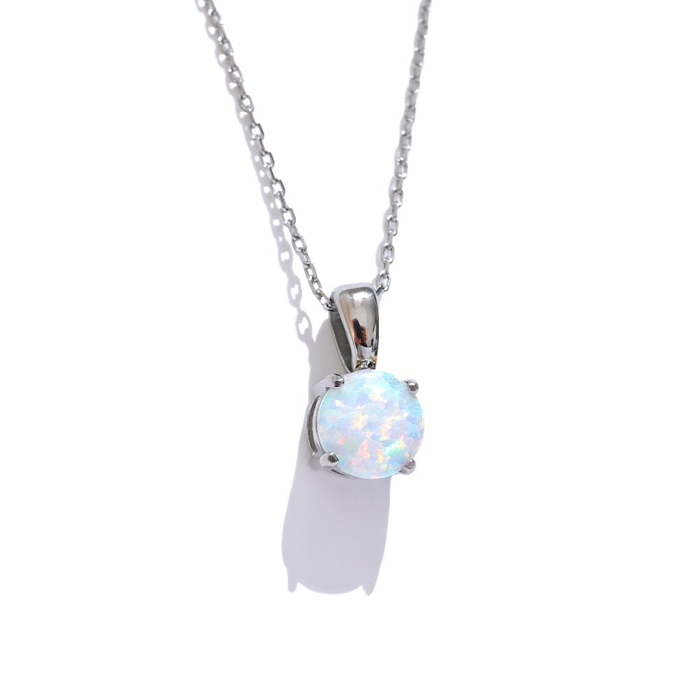 

Yhpup Exquisite Round Opal Stone Pendant Necklace for Women Stainless Steel Korean Style Fashion Temperament Neck Jewelry