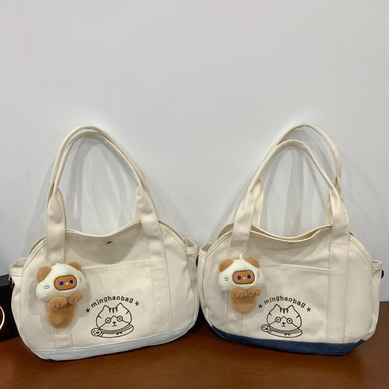 Canvas-Tasche Damen Ein-Schulter Literarisch Große Kapazität Studentenhandtasche Tragebuchtasche Tragetasche Unterrichtstasche Vielseitige Umhängetasche
