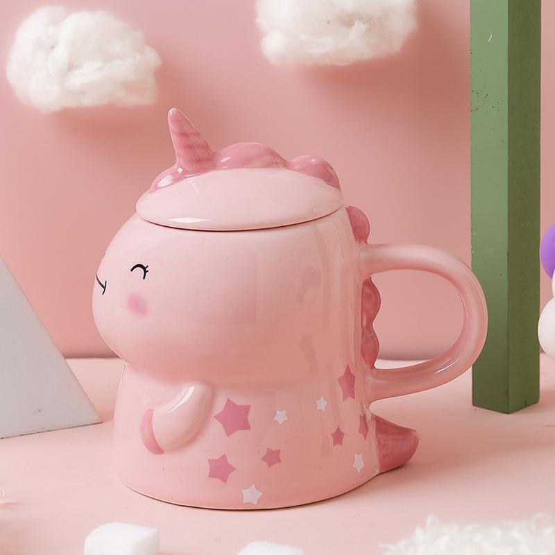Unicorn Ceramic Water Cup Dinosaur Shaped Mug with Cover Spoon Creative Hand Painted Cartoon Super Cute Super Cute Personality
