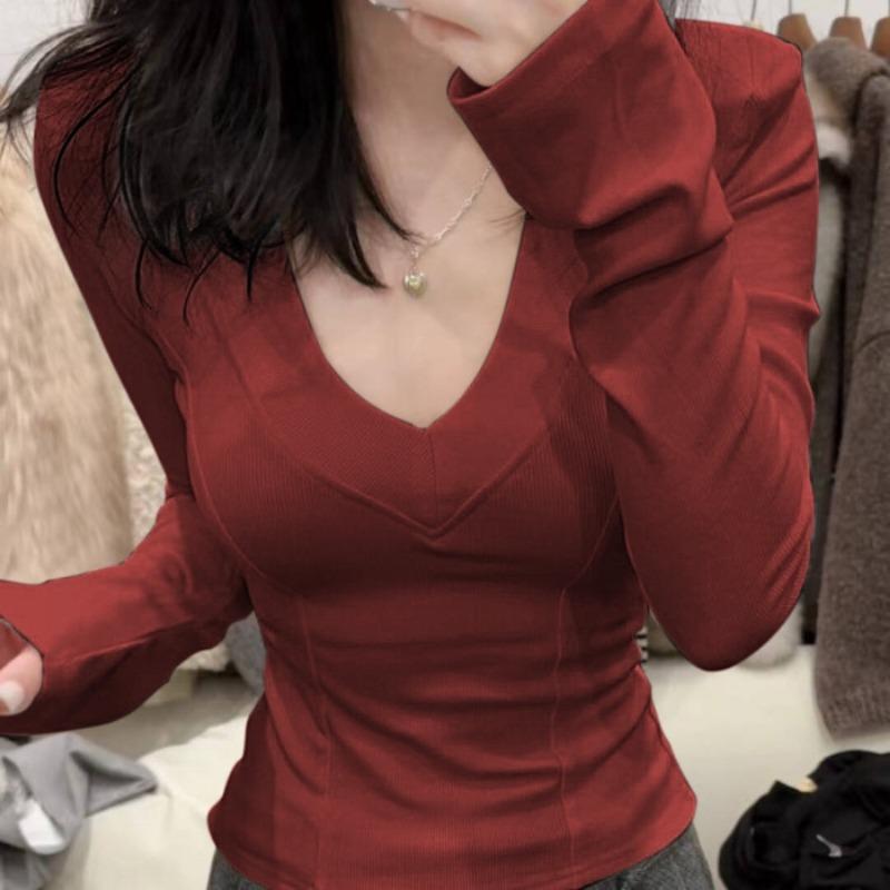 Cashmere Pit Strip Double-sided Brushed V-neck Bottoming Shirt Long-sleeved T-shirt Women's Pure Lust Style Top