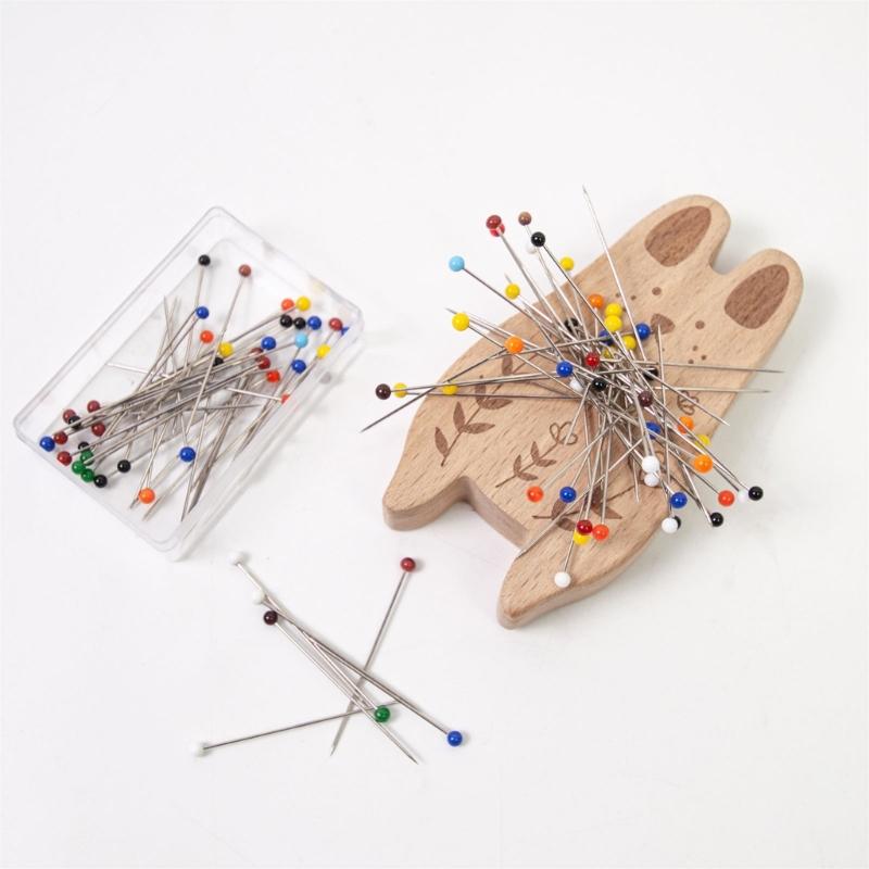 Magnetic Needle Pin Holder with 100Pcs Quilting Positioning Pin Wood Pin Cushion with 38mm Dressmaking Pin for Sewing