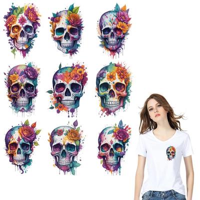 Flower Skulls Set Clothes Stickers Print On T-Shirt Jeans Thermal Patches Washable Diy New Garment Accessory Heat Transfer