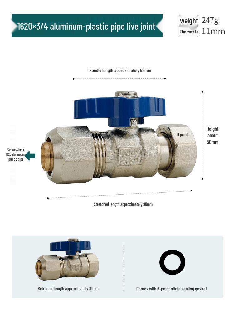 All-Copper Aluminum-Plastic Pipe Compression Ball Valve for Underfloor Heating - Internal Thread, Solar 1216/1620/2025