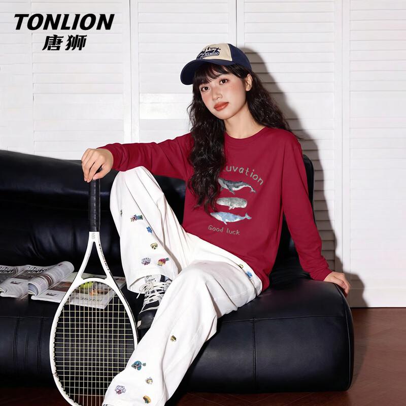 TonLion Women s Heavyweight Cotton Long-Sleeve T-Shirt with Watercolor Whale Graphic L
