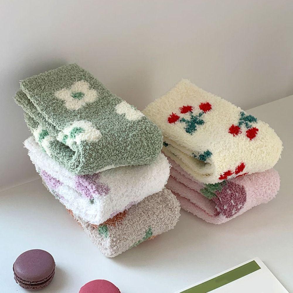 Flower Strawberry Coral Fleece Socks Winter Warm Socks Women Soft Floor Plush Socks  Winter