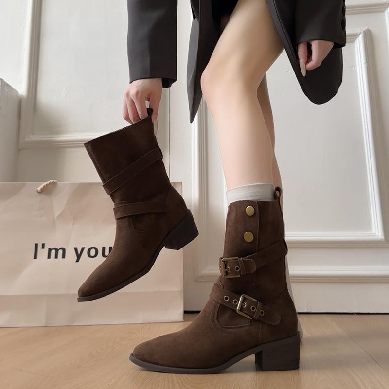 Belt buckle casual Martin boots women's medium boots 2025 autumn and winter new round head solid color thick medium heel fashion boots women