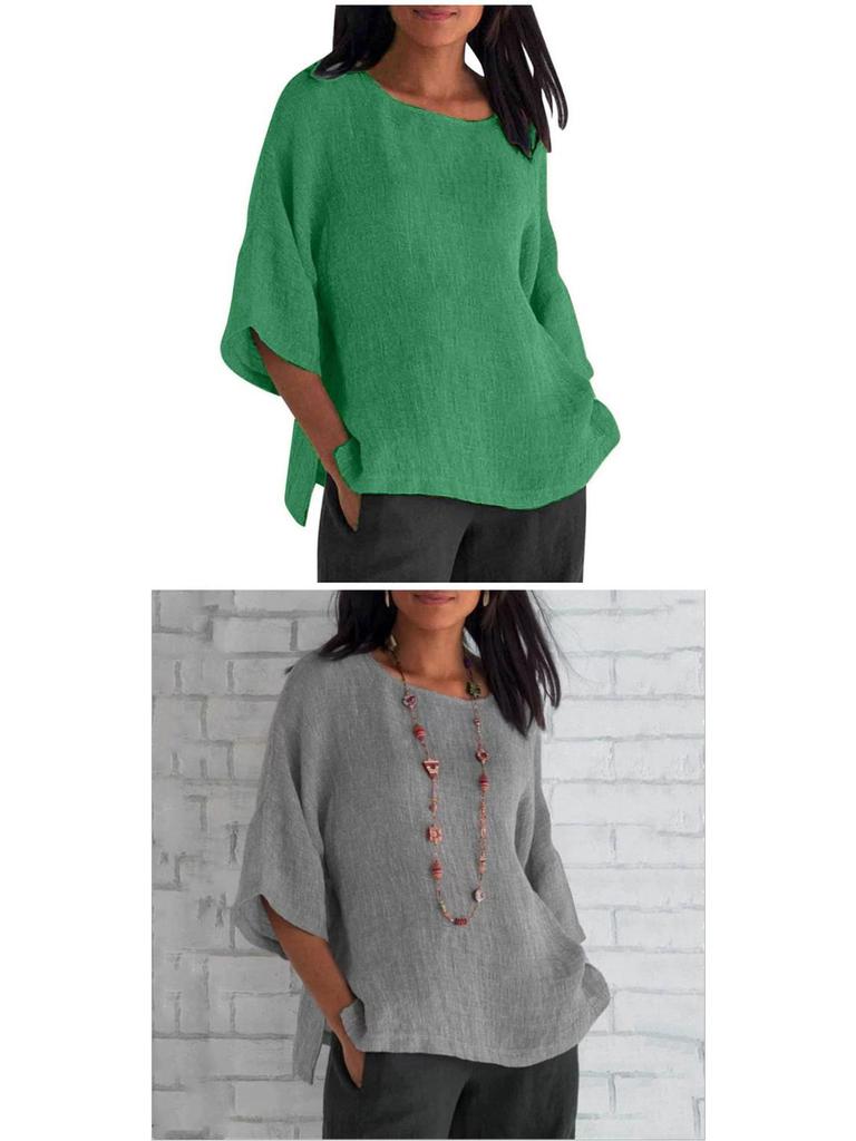 Women's Cotton Linen Three-Quarter Sleeve Shirt - Round Neck Top