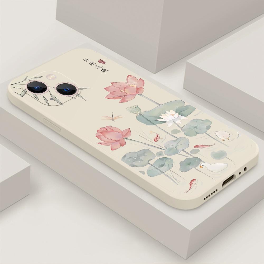 Lotus Koi Suitable for Apple 14Pro Mobile Phone Case 17 Lotus Iphone16/15pm All-inclusive Protective Case Soft Case