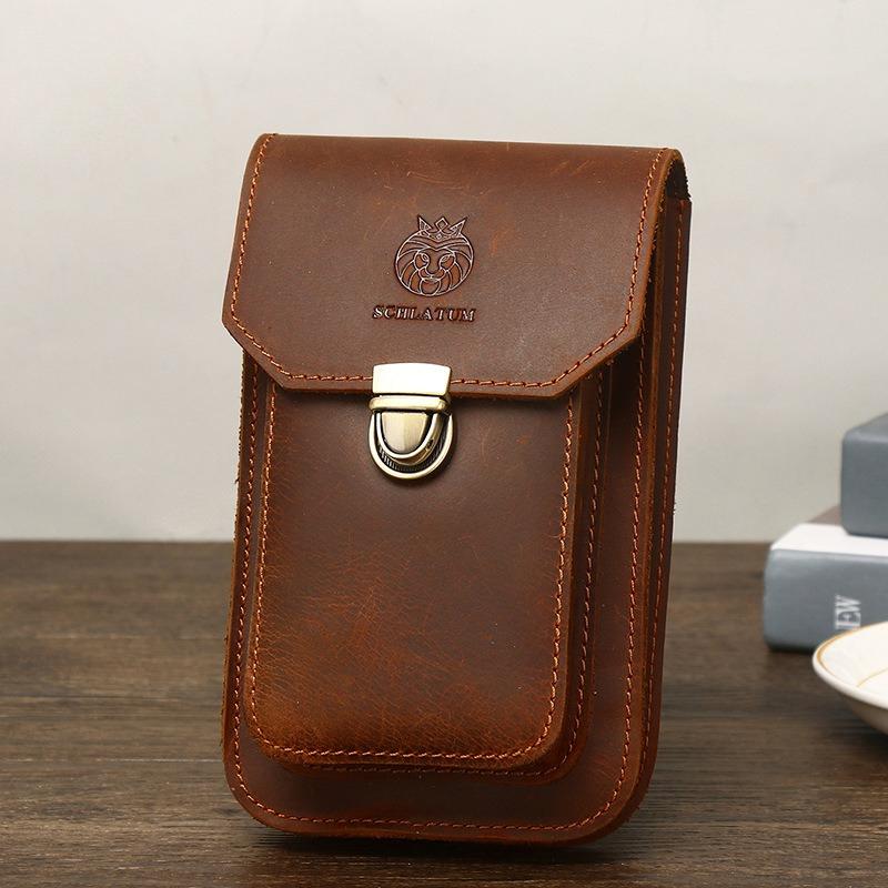 Men's Genuine Leather Mobile Phone Waist Bag, Cowhide Multi-functional Buckle, Belt-fitting Mobile Phone Bag